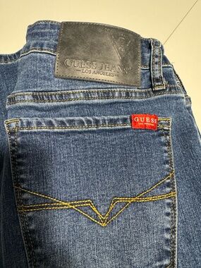 Guess Men's Dark Blue Denim Relaxed Jeans with Red Tab